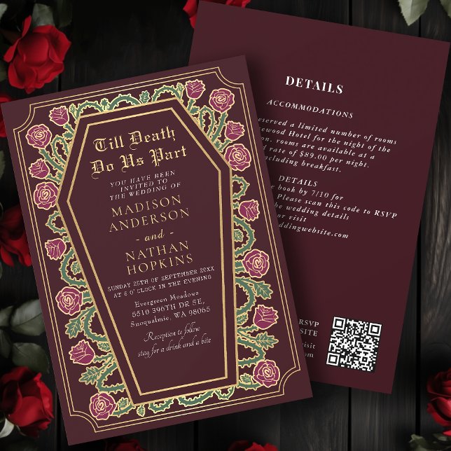 Tod machen uns Teil Gold Red Gothic Wedding QR Cod Einladung (Von Creator hochgeladen)