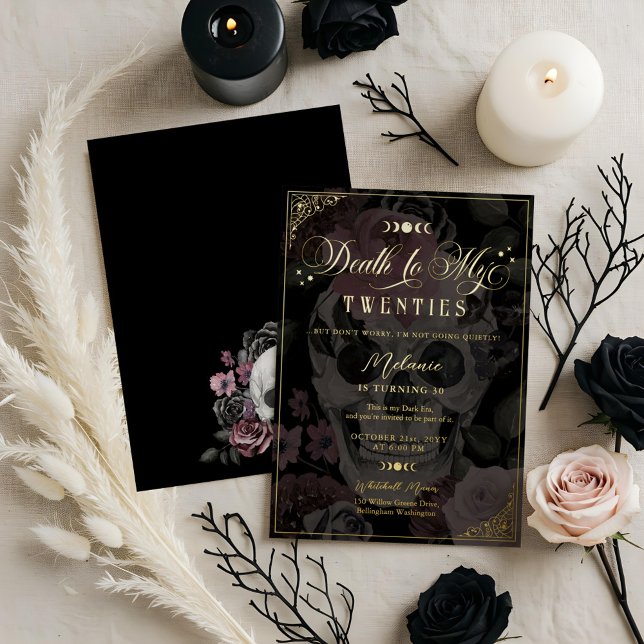 Tod meiner zwanziger Blumengotik Schädel Geburtsta Folieneinladung (Death to My Twenties Floral Gothic Skull Birthday Foil Invitation)