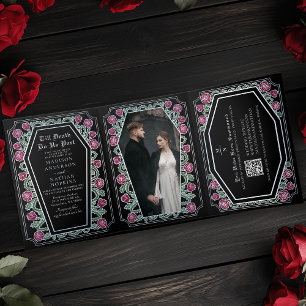 Tod tun wir Teil Rose Black Gothic Wedding QR Code Dreifach Gefaltete Einladung