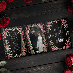 Tod Vereinige Uns Rose Schwarze Gothic Hochzeit QR Dreifach Gefaltete Einladung