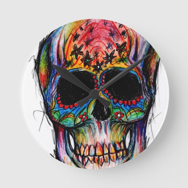 "Todes-Bunt" Mexican Skull Runde Wanduhr (Vorderseite)