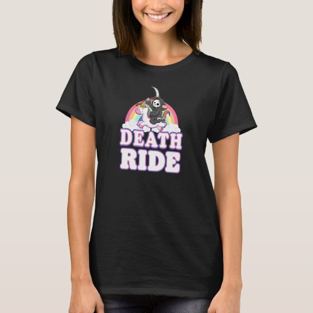 Todesfahrt Regenbogen Sensenmann Reitendes Einhorn T-Shirt (Vorderseite)