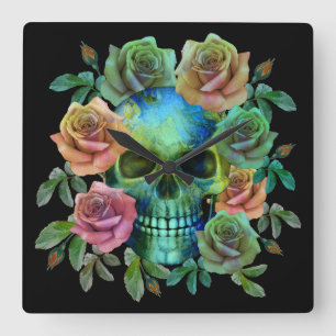TODESGRÜNER TOTENKOPF MIT BLUMEN QUADRATISCHE WANDUHR