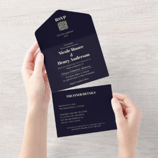 Todo En Uno Boda Retro Moderna Rojo Vino QR All In One Einladung