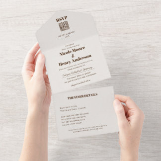 Todo En Uno Boda Retro Moderna Rojo Vino QR All In One Einladung