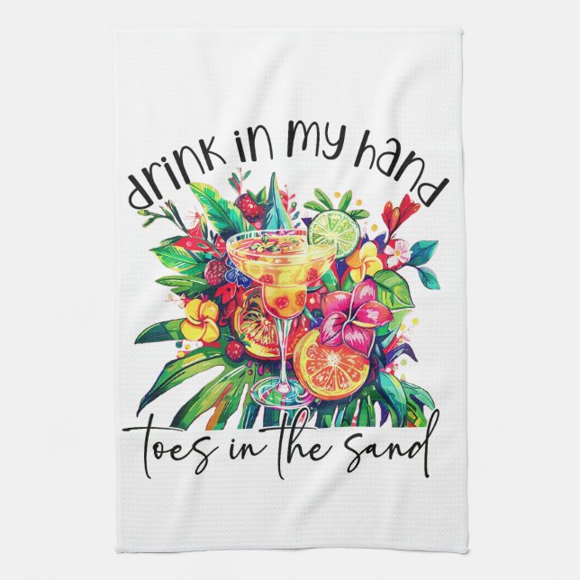 Toes in the Sand, Drink in My Hand, Tropical Drink Geschirrtuch (Vertikal)