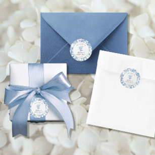 Toile Blau und Weiß Elegantes Brautparty Runder Aufkleber
