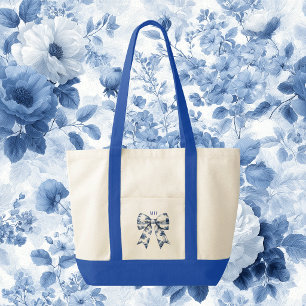 Toile Blau-Weiß-Schleifen-Kontrastbesatz Tragetasche