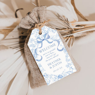 Toile Blue Bow Floral Wedding Begrüßungstags Geschenkanhänger