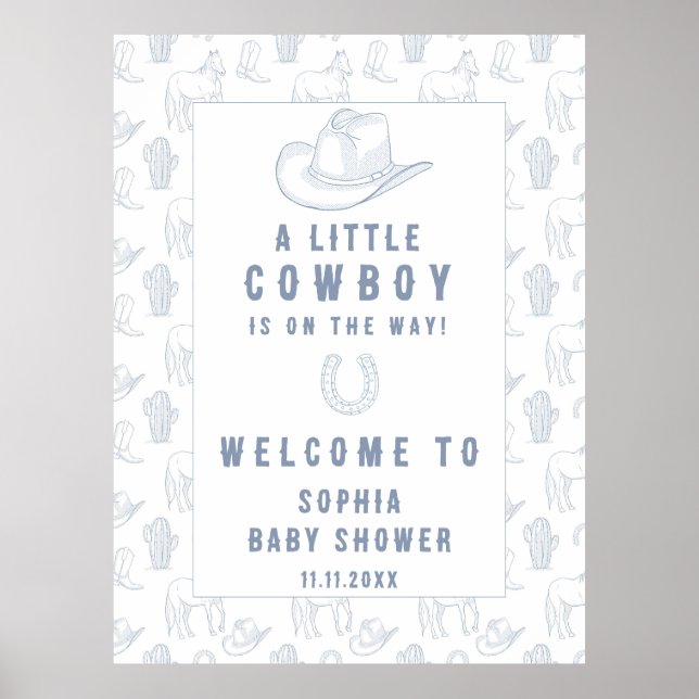 Toile Blue Cowboy Begrüßung Babydusche Poster (Vorne)