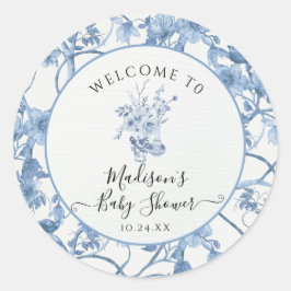 Toile Blumenblau und Weiß Elegante Babydusche Runder Aufkleber