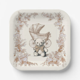 Toile Brown Teddy Bear Carriage Baby Dusche Pappteller