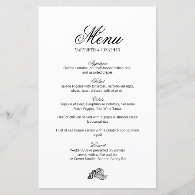 Toile & Calligraphy Wedding Menu (Vorderseite)