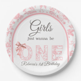 Toile Coquette Pink Bow Girl Erster Geburtstag Pappteller