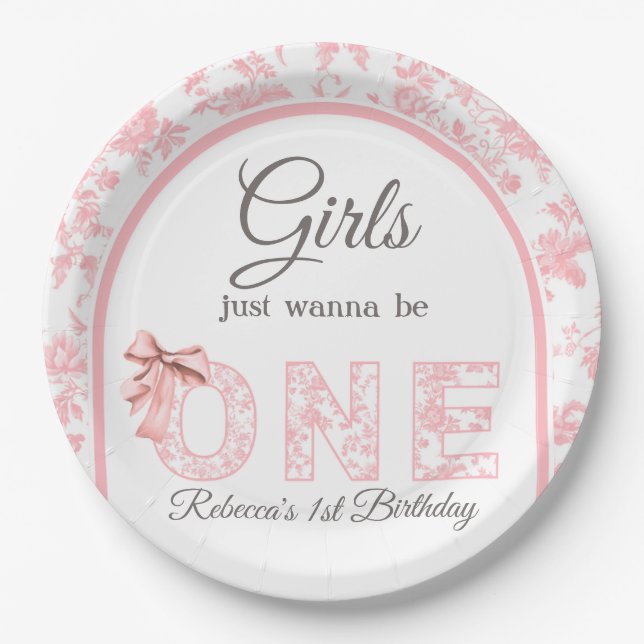 Toile Coquette Pink Bow Girl Erster Geburtstag Pappteller (Vorderseite)