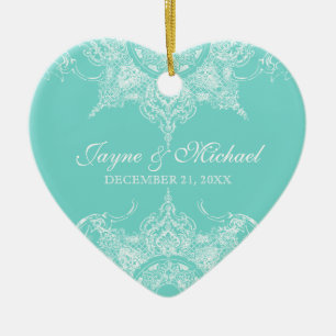 Toile Damask Swirl First Christmas Aqua Blue Keramik Ornament