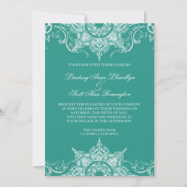 Toile Damask Swirl Wedding laden Aquamarin grün ei Einladung (Vorderseite)
