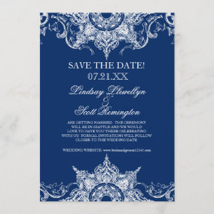Toile Damast Wirbel Save the Dates Navy Blau Einladung