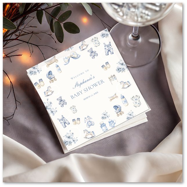 Toile De Jouy Baby Shower Blaues Schleifen-Junge Serviette (Toile De Jouy Baby Shower Blue Bow Boy Napkin)