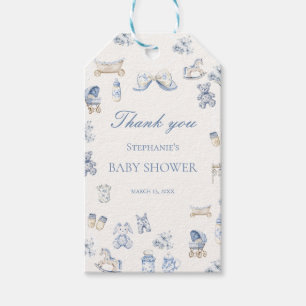Toile De Jouy Baby Shower Blaues Schleifen Jungen Geschenkanhänger