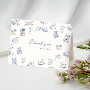 Toile De Jouy Baby Shower Blaues Schleifenjunge Dankeskarte