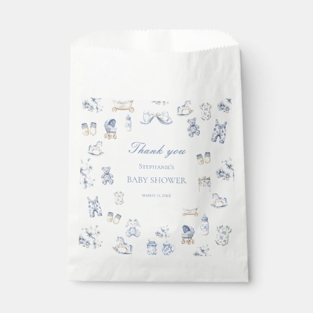 Toile De Jouy Baby Shower Blue Bow Boy Geschenktütchen (Vorderseite)