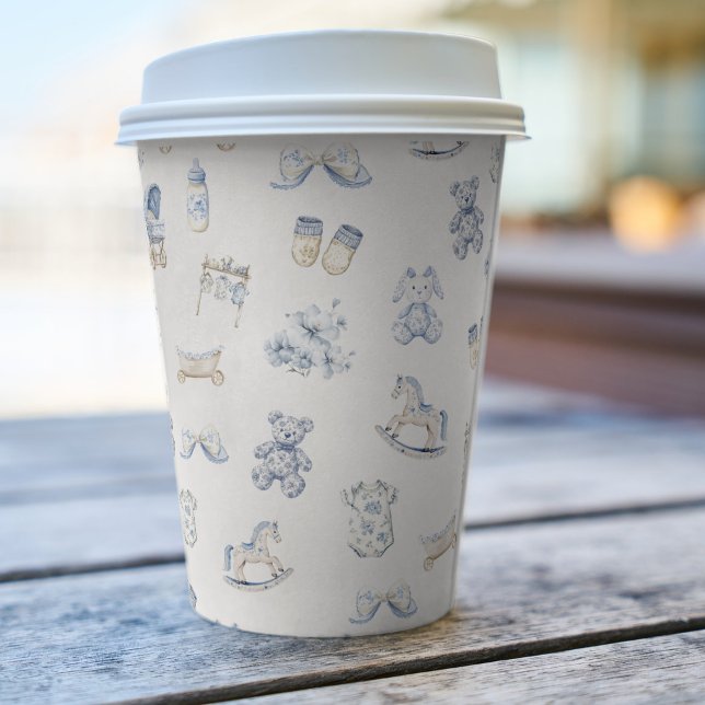 Toile De Jouy Baby Shower Blue Bow Boy Pappbecher (Toile De Jouy Baby Shower Blue Bow Boy Paper Cups)