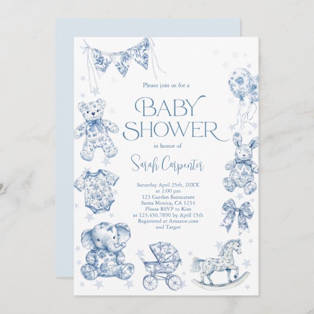 Toile De Jouy Baby Shower Boy Einladung (Vorne/Hinten)