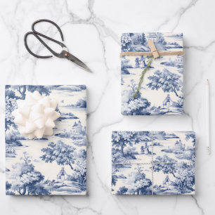 Toile de jouy, blau und weiß, Porzellan, Geschenkpapier Set