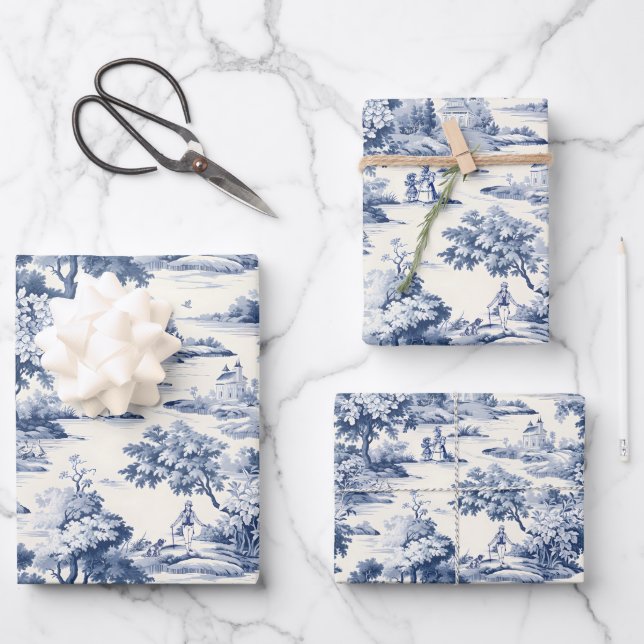 Toile de jouy, blau und weiß, Porzellan, Geschenkpapier Set (Vorderseite)