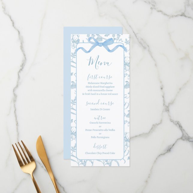 Toile de jouy Blue Baby Shower Boy Menu Card Menükarte (Vorderseite/Rückseite Beispiel)