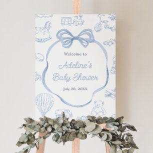 Toile de Jouy Blue Bow Baby Dusche Begrüßungszeich Poster