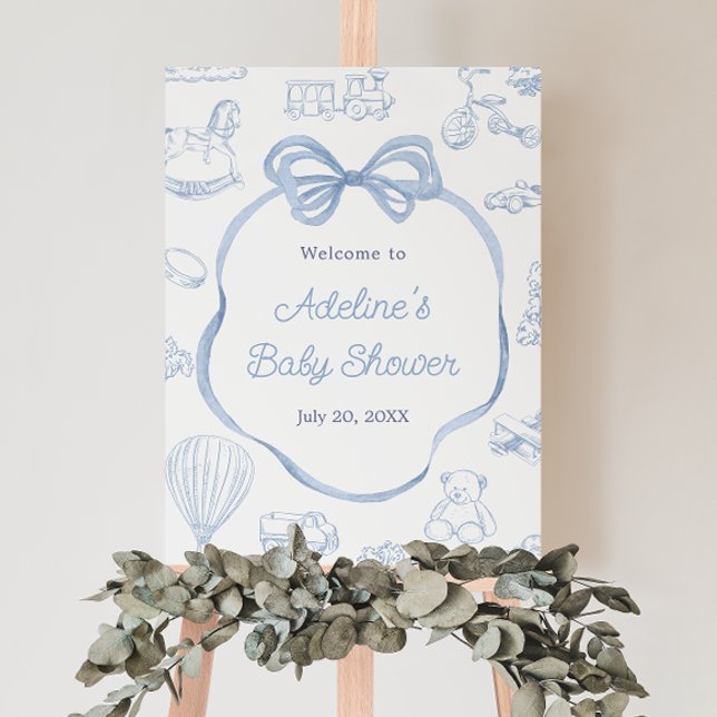 Toile de Jouy Blue Bow Baby Dusche Begrüßungszeich Poster (Von Creator hochgeladen)