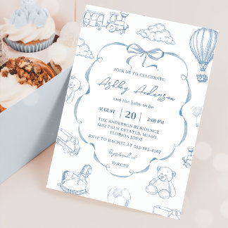 Toile De Jouy Blue Bow Baby Shower Party Einladung