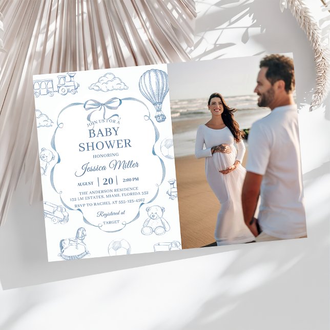 Toile De Jouy Blue Bow Baby Shower Party Photo  Einladung (Von Creator hochgeladen)