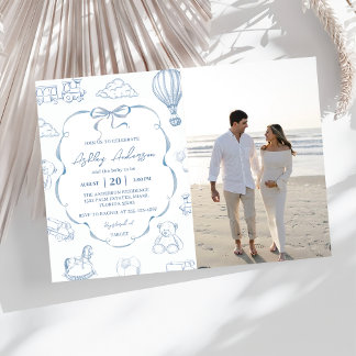 Toile De Jouy Blue Bow Baby Shower Party Photo  Einladung