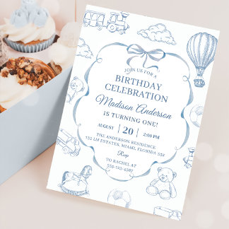Toile De Jouy Blue Bow Birthday Party  Einladung