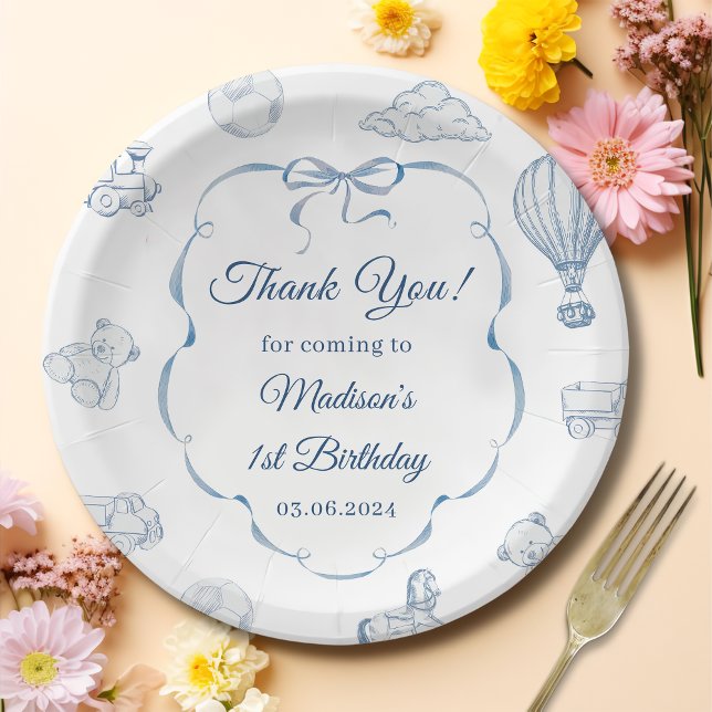 Toile De Jouy Blue Bow Birthday Party Pappteller (Von Creator hochgeladen)