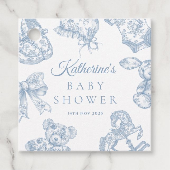 Toile de Jouy Blue Boy Baby Dusche Geschenkanhänger (Vorderseite)