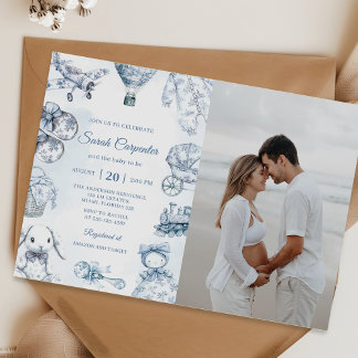 Toile De Jouy Blue Boy Baby Shower Party Photo  Einladung