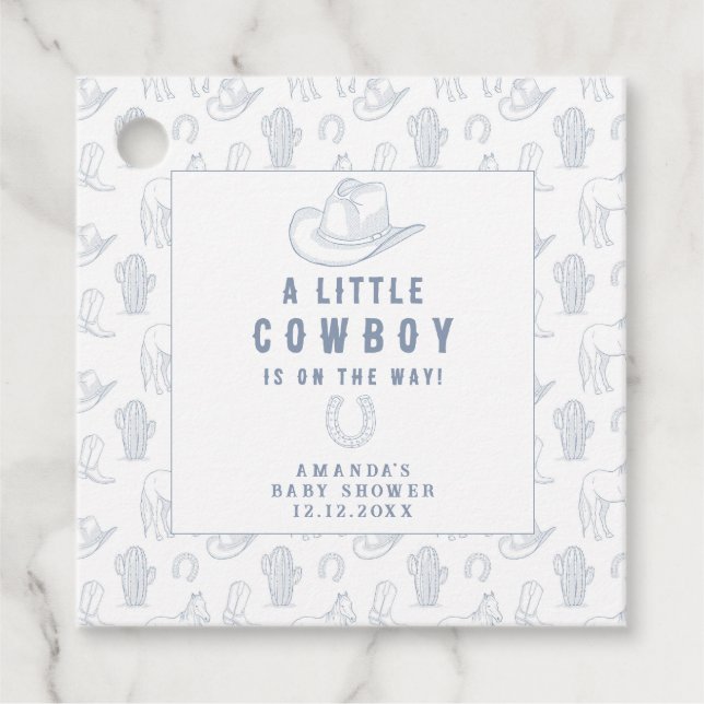 Toile de Jouy Blue Cowboy Western Babydusche Geschenkanhänger (Vorderseite)