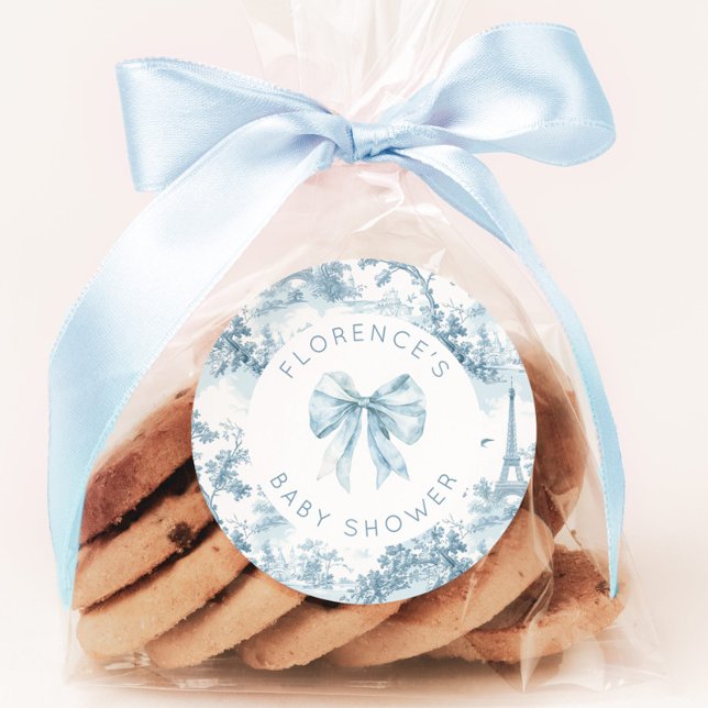 Toile de Jouy Bonjour Bebe Bow Baby Dusche Runder Aufkleber (Von Creator hochgeladen)