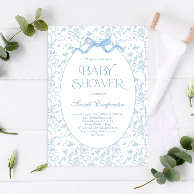 Toile De Jouy Bow Baby Shower Boy Einladung (Von Creator hochgeladen)