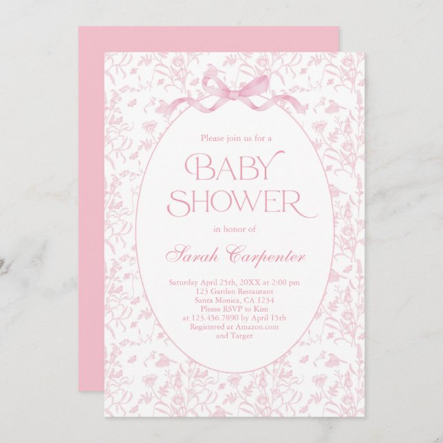 Toile De Jouy Bow Baby Shower Einladung (Vorne/Hinten)
