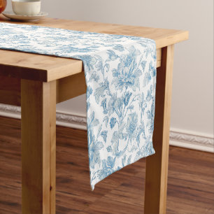Toile-de-jouy Chinoiserien Blaues Blumenmuster Kurzer Tischläufer
