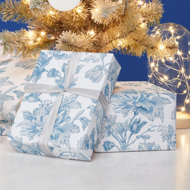 Toile-de-jouy Chinoiseries Blue Floral Pattern Geschenkpapier (Feiertage)
