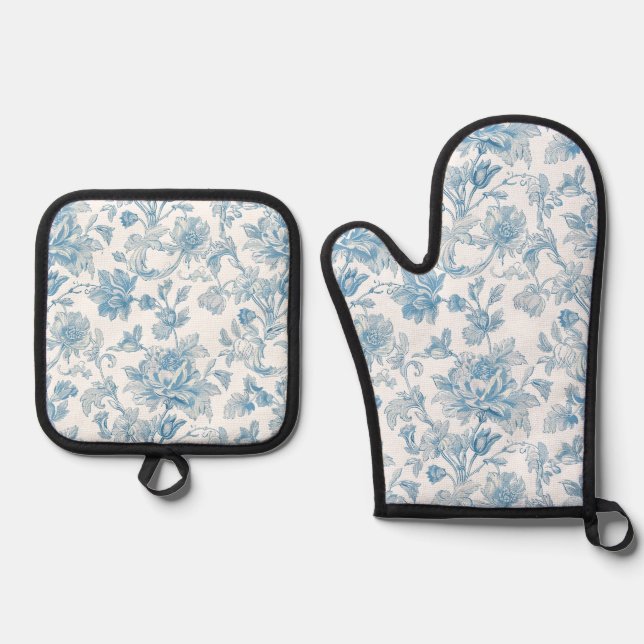 Toile-de-jouy Chinoiseries Blue Floral Pattern Ofenhandschuh & Topflappen-Set (Vorderseite)