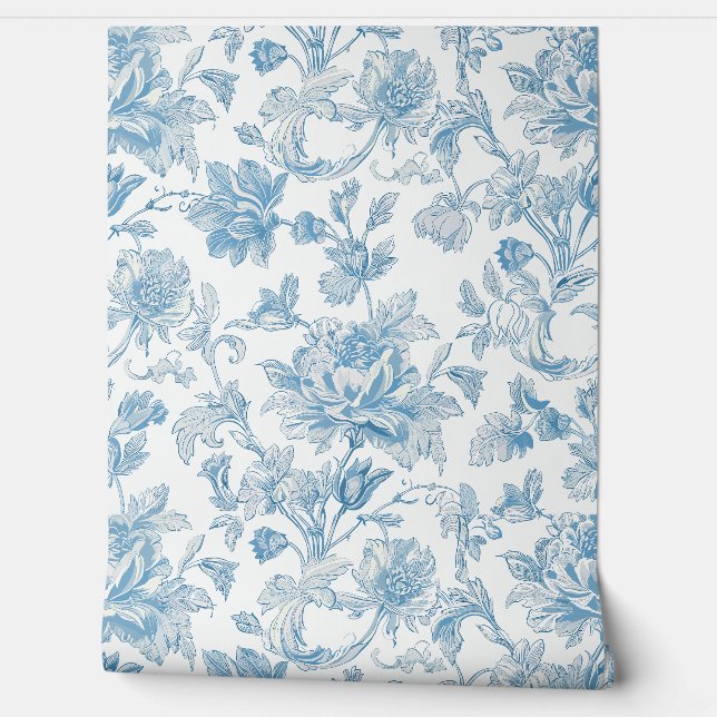 Toile-de-jouy Chinoiseries Blue Floral Pattern Tapete (Abrollen)