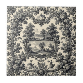 Toile De Jouy Countryside Floral Motif Monochrome Fliese