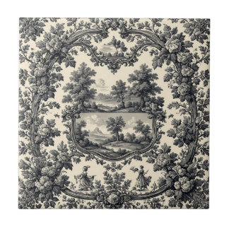 Toile De Jouy Countryside Floral Motif Monochrome  Fliese